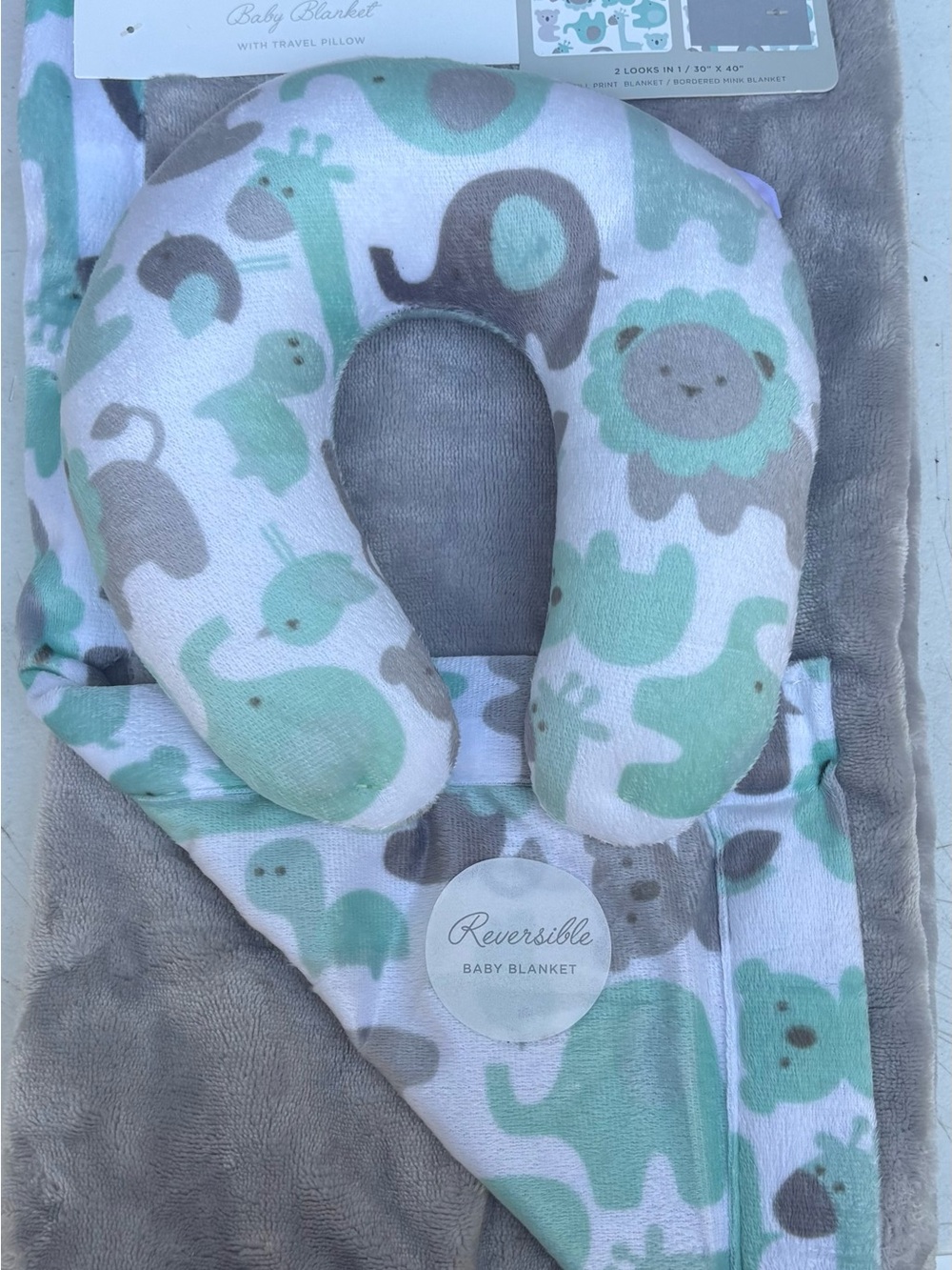 Reversible Mint & Gray Baby Travel Pillow and Blanket Set